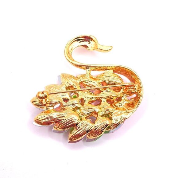Gold pink rhinestone swan brooch pin - Picture 3 of 4